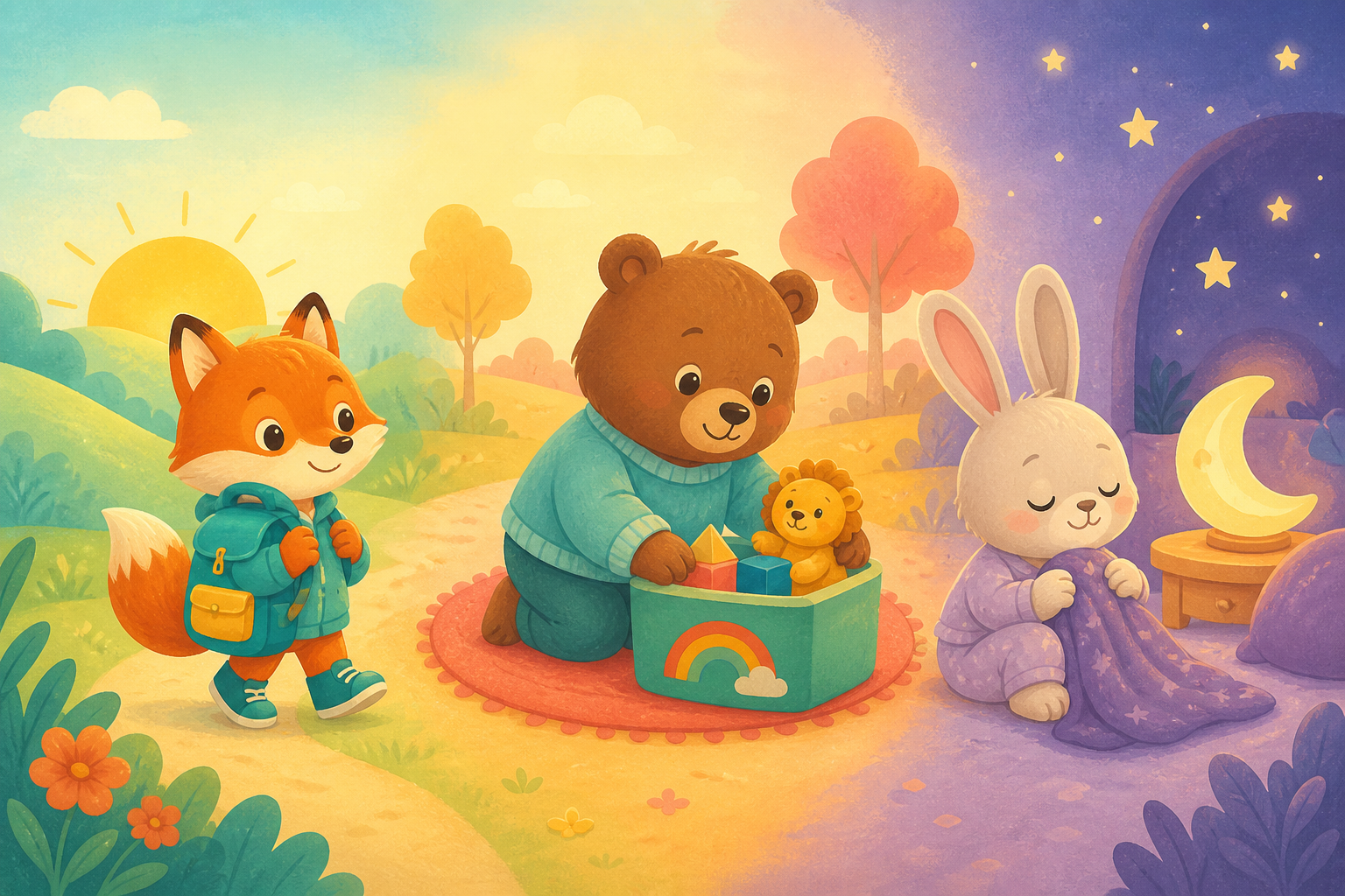 Un renard prêt pour l’école, un ours qui range et un lapin prêt à dormir